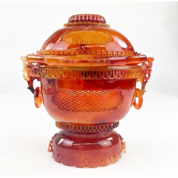 Qing Dynasty Chinese Carved Carnelian Agate Censor with Cover - Picture 2 of 6